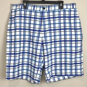 Adidas Plaid Golf Shorts Flat Front Men's Sz 40 Performance Blue & White